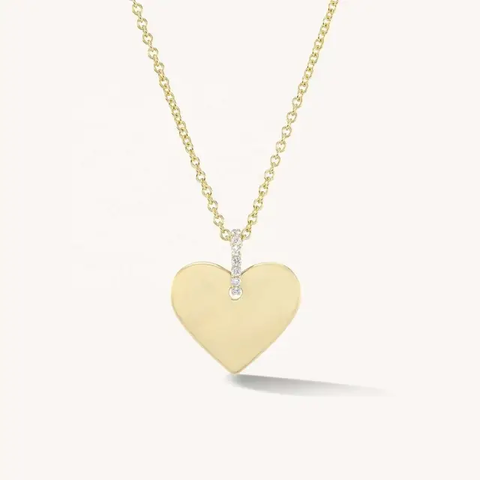 Elle Heart, Coin, Bar Shape Pave Diamond CZ 14k Gold + 925 Sterling Silver Pendant - Personalized Engravable